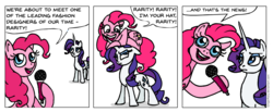Size: 1220x502 | Tagged: safe, artist:gingerfoxy, pinkie pie, rarity, earth pony, pony, unicorn, pony comic generator, g4, comic, duo, microphone, news report, pinkie pie riding rarity, ponies riding ponies, pony hat, riding, simple background, white background