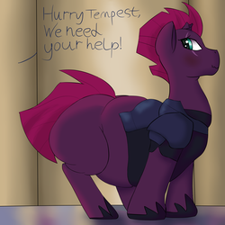 Size: 3500x3500 | Tagged: safe, artist:lupin quill, tempest shadow, pony, g4, my little pony: the movie, belly, big belly, blushing, broken horn, chubby, dialogue, double chin, eye scar, fat, female, high res, horn, implied twilight sparkle, offscreen character, scar, scrunchy face, solo, speech, tempest blubber, tight clothing