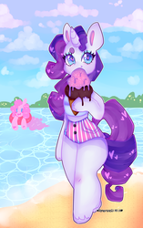 Size: 2470x3924 | Tagged: safe, artist:bunxl, pinkie pie, rarity, earth pony, unicorn, semi-anthro, g4, :3, arm hooves, beach, food, heart, heart eyes, high res, ice cream, inner tube, wingding eyes