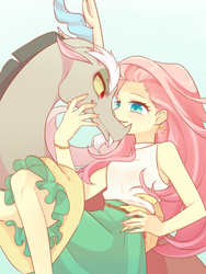 Size: 1200x1600 | Tagged: safe, artist:kkmrarar, discord, fluttershy, draconequus, human, equestria girls, g4, carrying, female, looking at each other, male, ship:discoshy, shipping, straight