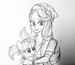 Size: 1024x889 | Tagged: safe, artist:mangoxlsxls16, starlight glimmer, human, pony, unicorn, equestria girls, g4, beanie, black and white, bow, carrying, female, filly, filly starlight glimmer, grayscale, hat, hug, human ponidox, monochrome, pigtails, ribbon, self ponidox, sketch, traditional art, younger
