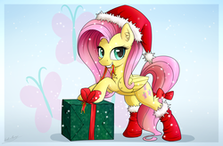 Size: 3200x2100 | Tagged: safe, artist:sentireaeris, fluttershy, pony, g4, bow, christmas, clothes, cute, cutie mark, female, hat, high res, holiday, present, ribbon, santa hat, shyabetes, simple background, snow, socks, solo, standing