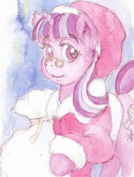 Size: 483x640 | Tagged: safe, artist:daisymane, snowfall frost, starlight glimmer, pony, unicorn, g4, christmas, clothes, costume, female, glasses, hat, holiday, looking at you, sack, santa costume, santa hat, smiling, solo, traditional art, watercolor painting