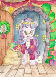 Size: 581x800 | Tagged: safe, artist:daisymane, snowfall frost, starlight glimmer, pony, unicorn, g4, clothes, female, glasses, greeting, hat, hearth's warming, mare, present, sack, solo, top hat, traditional art, watercolor painting