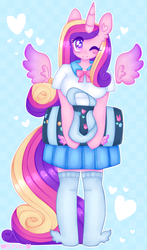 Size: 2061x3500 | Tagged: safe, artist:bunxl, princess cadance, alicorn, anthro, unguligrade anthro, g4, arm hooves, breasts, busty princess cadance, clothes, female, floating wings, heart, heart eyes, high res, mare, one eye closed, school uniform, solo, wingding eyes, wink