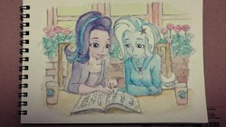 Size: 1024x576 | Tagged: safe, artist:daisymane, starlight glimmer, trixie, equestria girls, g4, book, cafe, coffee, duo, flower, sitting, sketchbook, teaching, traditional art, watercolor painting