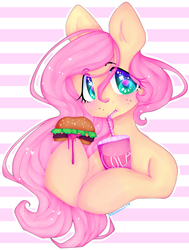 Size: 2165x2868 | Tagged: safe, artist:bunxl, fluttershy, pegasus, pony, g4, burger, drink, drinking straw, female, food, hamburger, heart, heart eyes, high res, soda, solo, starry eyes, wingding eyes