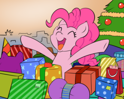 Size: 1000x800 | Tagged: safe, artist:empyu, pinkie pie, earth pony, pony, g4, christmas, christmas tree, eyes closed, female, holiday, open mouth, present, smiling, solo, tree