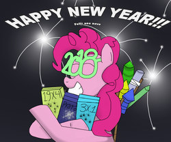 Size: 1200x1000 | Tagged: safe, artist:theparadoxy, pinkie pie, earth pony, pony, g4, 2018, box, explosion, explosives, female, fireworks, glasses, happy, happy new year, happy new year 2018, holding, holiday, mare, mortar, new year, portuguese, rocket, smiling, solo