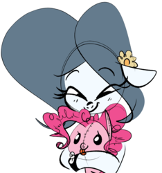 Size: 1148x1226 | Tagged: safe, artist:hattsy, pinkie pie, oc, oc:hattsy, pony, g4, cute, hug, plushie, solo, tongue out
