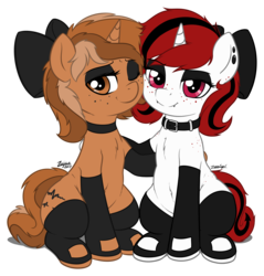 Size: 3763x3941 | Tagged: safe, artist:zajice, artist:zippysqrl, derpibooru exclusive, oc, oc only, oc:lilith, oc:sign, pony, unicorn, 2018 community collab, derpibooru community collaboration, bow, cheek to cheek, clothes, collaboration, collar, cute, cute little fangs, duo, ear piercing, earring, eyeshadow, fangs, female, freckles, hair bow, high res, hug, jewelry, lidded eyes, makeup, mare, one eye closed, piercing, simple background, sitting, smiling, socks, squishy cheeks, stockings, thigh highs, transparent background
