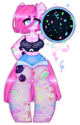 Size: 2508x3883 | Tagged: safe, artist:bunxl, pinkie pie, anthro, unguligrade anthro, alternate hairstyle, belly button, breasts, busty pinkie pie, confetti, female, fishnets, flat mane, implied cupcakes, party cannon, pinkamena diane pie, punk, simple background, solo, tattoo, transparent background