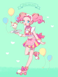 Size: 1200x1600 | Tagged: safe, artist:kkmrarar, pinkie pie, equestria girls, g4, alternate hairstyle, balloon, converse, female, food, garter, ice cream, roller skates, shoes, smiling, solo, tray, waitress