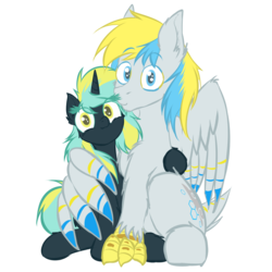 Size: 1600x1600 | Tagged: safe, artist:frist44, oc, oc only, oc:cirrus sky, oc:electro current, hippogriff, pony, unicorn, 2018 community collab, derpibooru community collaboration, cirrent, duo, hug, looking at you, shipping, simple background, size difference, talons, transparent background, winghug