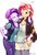 Size: 1377x2039 | Tagged: safe, artist:oberon826, starlight glimmer, sunset shimmer, human, equestria girls, g4, beanie, breasts, cleavage, clothes, duo, hat, japanese, one eye closed