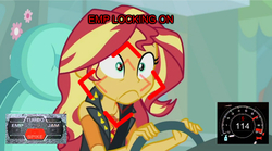 Size: 640x357 | Tagged: safe, edit, edited screencap, screencap, sunset shimmer, driving miss shimmer, driving miss shimmer: fluttershy, equestria girls, g4, my little pony equestria girls: better together, car, emp, imminent murder, meme, need for speed, need for speed: hot pursuit, oh crap, shocked, this will end in pain, this will not end well