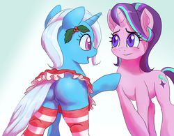 Size: 1267x987 | Tagged: safe, artist:grissaecrim, starlight glimmer, trixie, pony, unicorn, g4, adorasexy, blushing, butt, clothes, cute, diatrixes, duo, featureless crotch, female, glimmerbetes, holly, looking at each other, mare, open mouth, plot, raised hoof, sexy, smiling, socks, striped socks, the great and powerful ass, zettai ryouiki