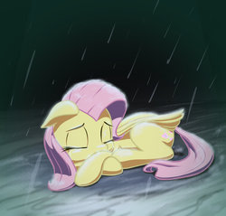 Size: 1280x1226 | Tagged: safe, artist:stratodraw, fluttershy, pegasus, pony, g4, crying, eyes closed, female, floppy ears, folded wings, mare, prone, rain, sad, solo, teary eyes, wings