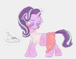 Size: 734x579 | Tagged: safe, artist:noupu, starlight glimmer, pony, unicorn, g4, blushing, chubby, clothes, fastfood restaurant, female, food, french fries, glowing horn, horn, serving, soda, solo, uniform, working