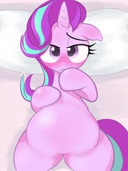Size: 1535x2048 | Tagged: safe, artist:noupu, starlight glimmer, pony, unicorn, g4, bed, blushing, chubby, female, lying down, on back, pillow, solo
