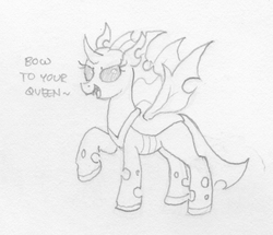 Size: 1408x1213 | Tagged: safe, artist:selenophile, oc, oc only, changeling, changeling queen, changeling oc, changeling queen oc, dialogue, female, monochrome, raised hoof, simple background, sketch, speech, white background
