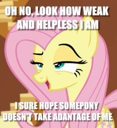 Size: 921x1010 | Tagged: safe, edit, edited screencap, screencap, fluttershy, pegasus, pony, dungeons and discords, g4, aren't you going to ravish me?, bedroom eyes, dialogue, english, female, grammar error, helpless, image macro, lidded eyes, meme, misspelling, open mouth, raised eyebrow, solo, teasing