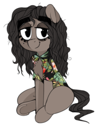 Size: 1003x1251 | Tagged: safe, artist:whydomenhavenipples, oc, oc only, oc:nips, earth pony, pony, 2018 community collab, derpibooru community collaboration, chest fluff, clothes, earth pony oc, floral print, hawaiian shirt, shirt, simple background, sitting, solo, transparent background, underhoof