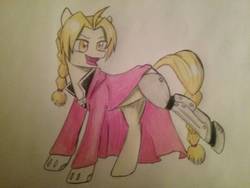 Size: 1288x966 | Tagged: safe, artist:ponime11, pony, clothes, edward elric, fullmetal alchemist, ponified, solo, traditional art