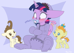 Size: 4011x2884 | Tagged: safe, artist:mistydash, pound cake, pumpkin cake, twilight sparkle, alicorn, pegasus, pony, unicorn, g4, adult foal, baby, blushing, bondage, bonnet, bound wings, cake twins, chest fluff, cute, diaper, diaper fetish, fetish, foal, footed sleeper, glowing horn, horn, horn ring, magic, magic suppression, muffled moaning, non-baby in diaper, onesie, pacifier, pacifier gag, ribbon, telekinesis, twiabetes, twilight sparkle (alicorn)