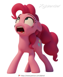 Size: 1680x2048 | Tagged: safe, artist:therealdjthed, pinkie pie, earth pony, pony, g4, 3d, 3d model, blender, blender cycles, cycles render, ears back, female, frown, looking up, mare, model:djthed, open mouth, patreon, patreon logo, scared, simple background, solo, transparent background, uvula, wide eyes