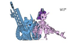 Size: 2047x1243 | Tagged: safe, artist:satv12, starlight glimmer, trixie, android, gynoid, pony, robot, robot pony, g4, duo, female, glimmerbot, gun, mecha, mechanic, weapon, wip