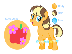 Size: 1180x880 | Tagged: dead source, safe, artist:rainbows-skies, oc, oc only, oc:apple flower, earth pony, pony, female, mare, offspring, parent:applejack, parent:caramel, parents:carajack, reference sheet, simple background, solo, transparent background