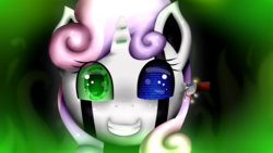 Size: 3309x1861 | Tagged: safe, artist:lixthefork, sweetie belle, pony, robot, robot pony, unicorn, g4, circuit, cute, evil, female, filly, foal, horn, looking at you, smiling, solo, sweetie bot, teeth