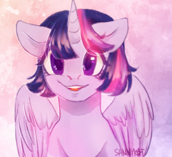 Size: 1096x1000 | Tagged: source needed, safe, artist:sannykat, twilight sparkle, alicorn, pony, g4, bust, cute, female, heart eyes, mare, portrait, smiling, solo, spread wings, twiabetes, twilight sparkle (alicorn), wingding eyes, wings