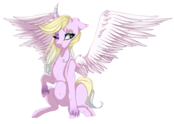 Size: 2007x1435 | Tagged: safe, artist:symphstudio, oc, oc only, oc:pastel feather, alicorn, pony, curved horn, female, horn, mare, simple background, sitting, solo, transparent background
