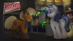 Size: 1920x1080 | Tagged: safe, artist:noben, oc, oc only, oc:apologue snow, oc:blank leaves, earth pony, fox, fox pony, hybrid, original species, pony, unicorn, book, female, glasses, library, magic, male, that pony sure does love books, unshorn fetlocks