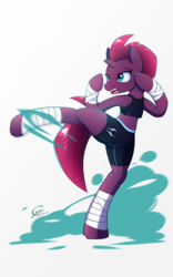 Size: 1200x1920 | Tagged: safe, artist:laptop-pone, tempest shadow, pony, unicorn, semi-anthro, g4, my little pony: the movie, broken horn, clothes, eye scar, female, horn, kickboxing, kicking, mare, open mouth, scar, solo