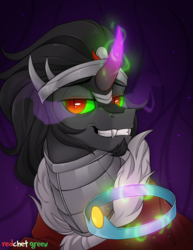 Size: 1000x1297 | Tagged: safe, artist:redchetgreen, king sombra, pony, unicorn, g4, crown, curved horn, fangs, grin, horn, jewelry, looking at you, male, regalia, smiling, solo, sombra eyes, stallion