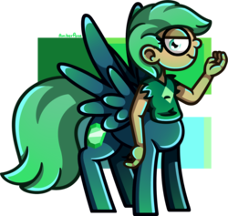 Size: 1339x1270 | Tagged: safe, artist:amberpone, oc, oc only, oc:emerald, centaur, pegasus, pony, adult, blue, blue eyes, cel shading, clothes, commission, cutie mark, digital art, emerald, equal sign, eyes open, female, fingers, gem, green, green hair, hooves, lighting, long tail, looking at you, mare, original character do not steal, paint tool sai, shading, shirt, short hair, simple background, smiling, solo, standing, tail, transparent background, weird, wings