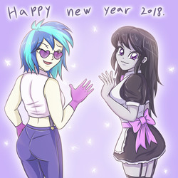 Size: 2952x2952 | Tagged: safe, artist:sumin6301, dj pon-3, octavia melody, vinyl scratch, equestria girls, g4, clothes, costume, duo, female, glasses, gloves, happy new year 2018, heart, high res, looking at you, looking back, looking back at you, maid, octamaid, one eye closed, wink
