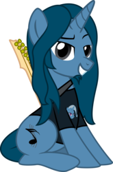 Size: 2600x3938 | Tagged: safe, artist:metalhead97, trixie, oc, oc only, oc:metalhead, pony, 2018 community collab, derpibooru community collaboration, g4, clothes, guitar, high res, long hair, looking at you, music notes, musical instrument, musician, semiquaver, shirt, simple background, sitting, solo, transparent background