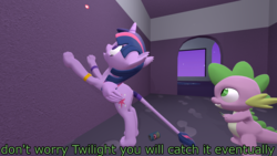 Size: 1920x1080 | Tagged: safe, artist:northern haste, spike, twilight sparkle, alicorn, dragon, pony, sphinx, g4, 3d, behaving like a cat, can, dialogue, laser pointer, male, source filmmaker, species swap, sphinxified, twilight sparkle (alicorn)