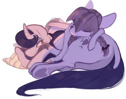 Size: 890x700 | Tagged: safe, artist:bananasmores, inky rose, moonlight raven, pegasus, pony, unicorn, g4, butt pillow, duo, female, lesbian, lying down, mare, on side, pillow, ship:inkyraven, shipping, simple background, underhoof