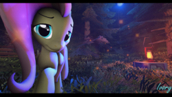 Size: 3840x2160 | Tagged: safe, artist:ivory42, fluttershy, pony, g4, 3d, beautiful, bench, box, female, forest, half-life, half-life 2, high res, lantern, looking at you, moon, moonlight, night, poster, solo, source filmmaker, supplies, tree