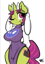Size: 606x866 | Tagged: safe, artist:bbsartboutique, oc, oc only, oc:arcade fever, unicorn, anthro, big breasts, breasts, clothes, cosplay, costume, horn, intersex, one eye closed, simple background, solo, toriel, undertale, white background, wink