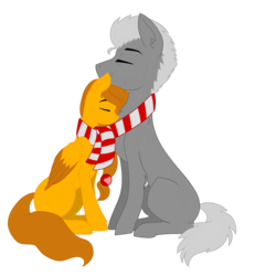 Size: 2000x2000 | Tagged: safe, artist:chelseawest, oc, oc only, oc:colour paint, oc:mind game, earth pony, pony, clothes, cuddling, female, high res, male, mare, scarf, shared clothing, shared scarf, simple background, sitting, stallion, transparent background
