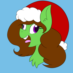 Size: 2000x2000 | Tagged: safe, artist:chelseawest, oc, oc only, oc:painted petal, pony, blue background, bust, christmas, faic, female, hat, high res, holiday, mare, petalverse, portrait, santa hat, simple background, solo