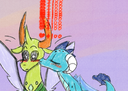 Size: 1400x1000 | Tagged: safe, artist:zouyugi, princess ember, thorax, changedling, changeling, dragon, g4, cheek kiss, duo, female, interspecies, king thorax, kissing, male, ship:embrax, shipping, straight, traditional art