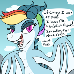 Size: 1200x1200 | Tagged: safe, artist:artist-block, artist:ask-rainbow-wyrm, rainbow dash, amphiptere, dragon, g4, ask, ask-rainbow-wyrm, dragoness, dragonified, female, rainbow dragon, solo, species swap, speech bubble, tumblr, tumblr blog