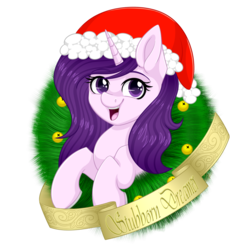 Size: 1024x1024 | Tagged: safe, artist:whitehershey, oc, oc only, oc:stubborn dreamer, pony, unicorn, christmas, female, hat, holiday, mare, santa hat, simple background, solo, transparent background, wreath